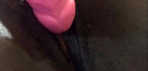  Pink dildo stretches black pussy